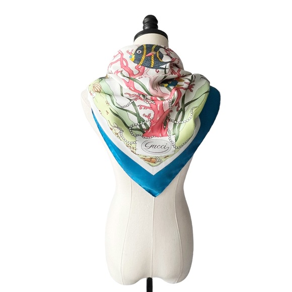 Gucci Vintage 60’s-70’s Under the Sea Print Silk Accornero Scarf - Picture 1 of 11